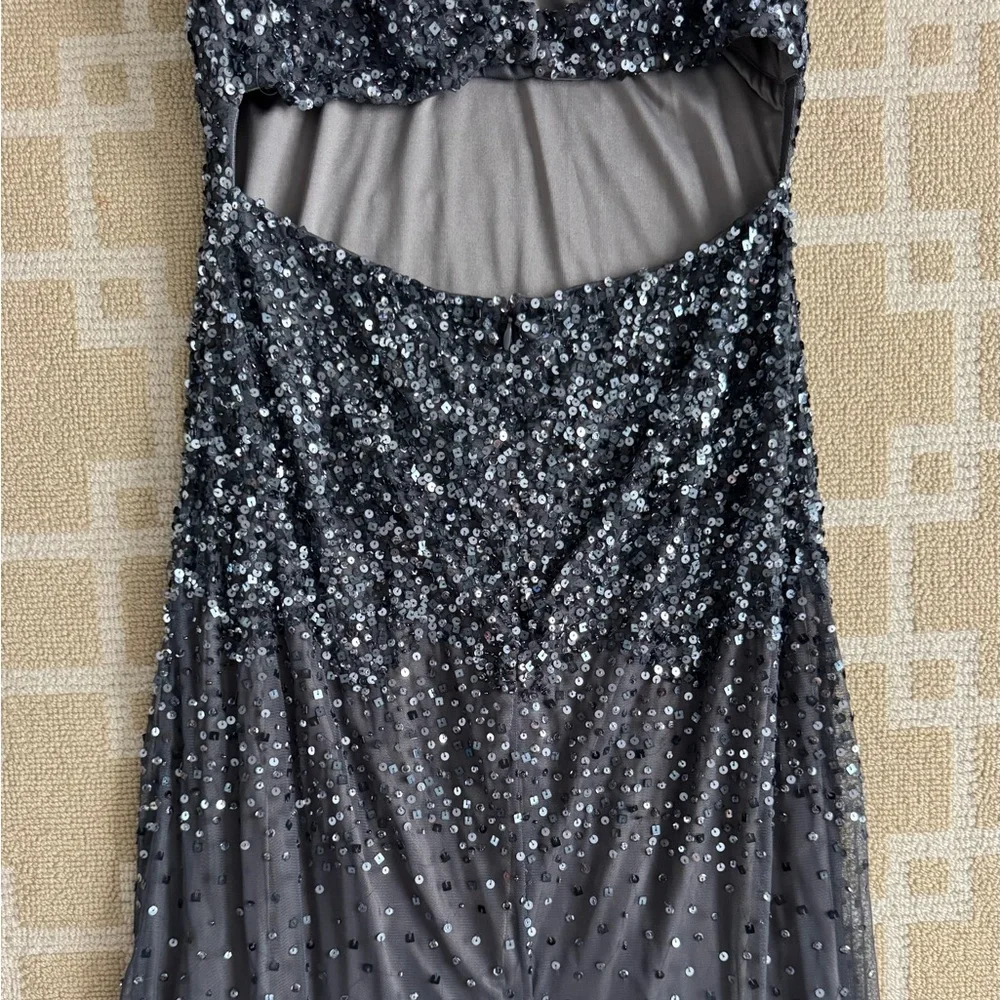 Nightway Sequined Halter Formal Gown Charcoal Gray Mesh Maxi Prom Dress 8 - Picture 9 of 14